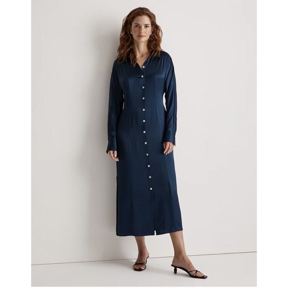 Madewell Satin Button-Front Midi Shirtdress Long Sleeves NWT Size 6